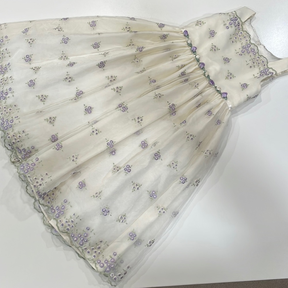 Floral Embroidered Kids Dress - Cream and Purple
